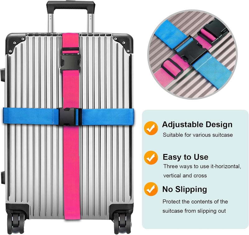 collwait Luggage Straps for Suitcases TSA Approved, Travel Belt Suitcase Belt, Suitcase Straps TSA Approved, Luggage Belt Strap TSA Approved, Travel Straps for Luggage, 4Pcs Luggage Band, Bule & Pink - Image 2